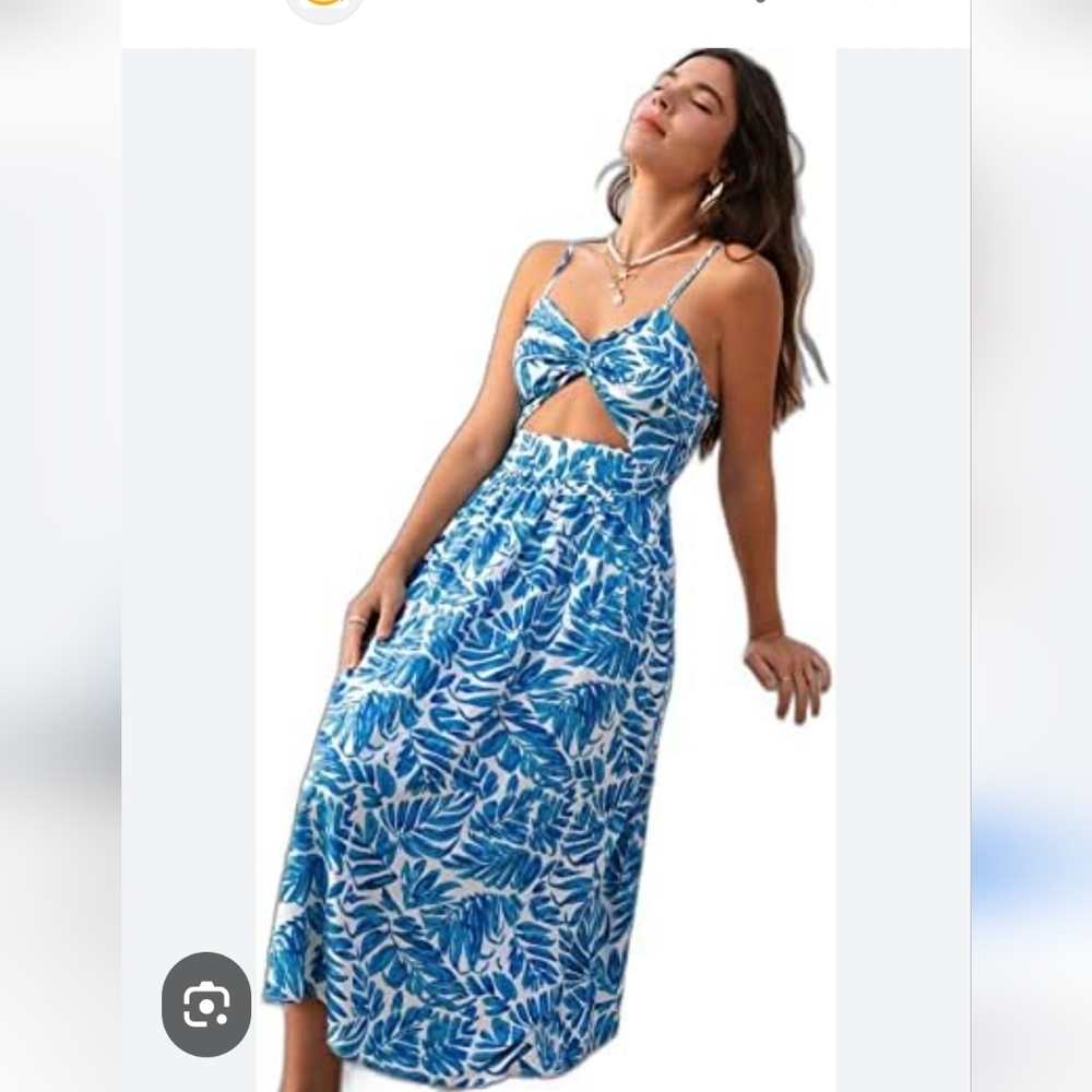 Blue White Leaf-Print Cutout Midi Dress S